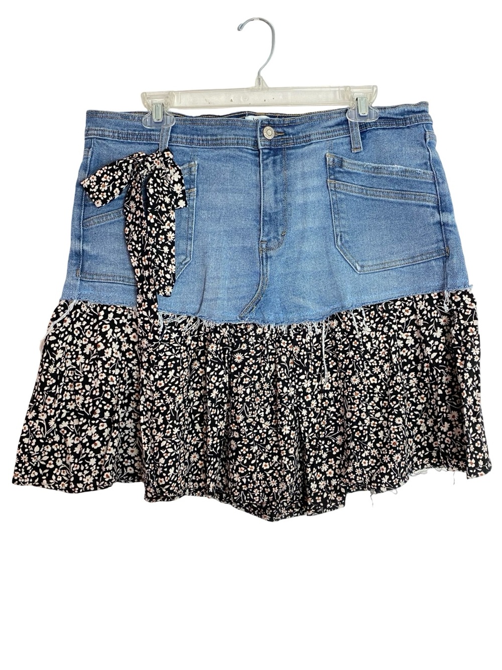 Custom Denim Jean Skirt Womens Size 12 Floral Upcycled Handmade Coastal Cowgirl